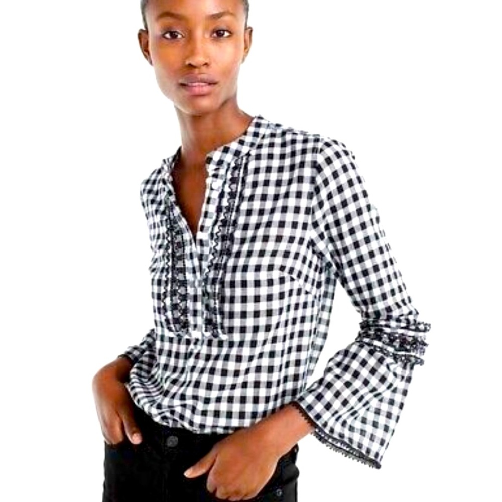 J. Crew Women’s Navy/White Gingham Plaid Long Bell Sleeve Half Button Down Sz 0P
